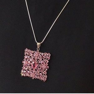 Sterling Silver Pink Turmaline Pendant Necklace Square Flower 18” Chain
